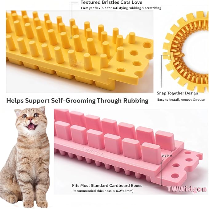 Cat Self Groomer Arch for Cardboard Boxes, DIY Cat Tunnel Brush & Massage Comb for Indoor Cats, Interactive Self Grooming Toy for Cat Cave, Hideouts & Enrichment Play 2 Pack (Pink+Yellow)