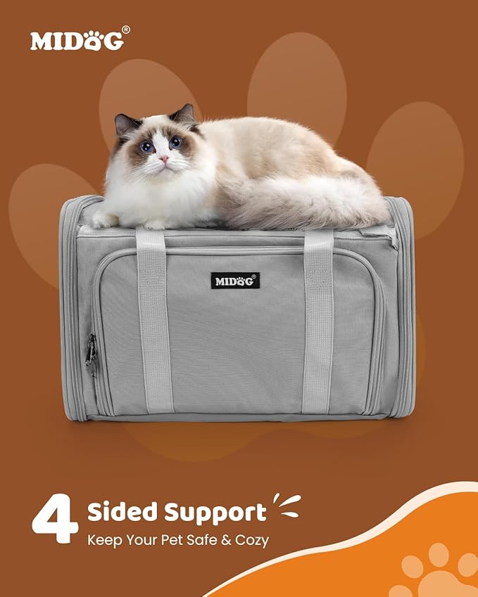 MIDOG Cat Carrier Soft for Small to Medium-Sized Cats,Up to 15 Lbs, TSA Airline Approved Soft Sided Pet Carrier,Collapsible Travel Cat Carry Bag(Grey)