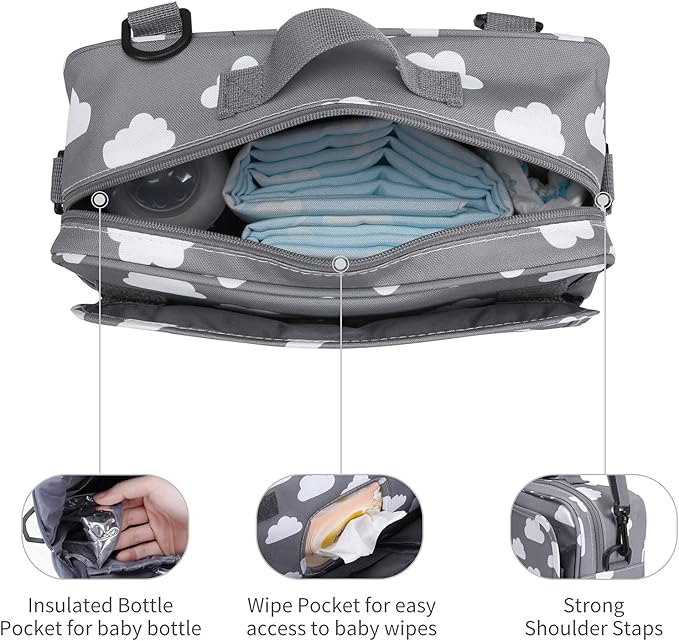 GOGOSO Small Diaper Bag, Stroller Organizer Bags for Baby with Insulated Pocket, Stroller Hooks and Adjustable Strap,Universal Mini Diaper Tote Bags Fit All Strollers, Gray