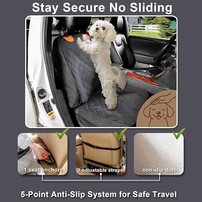 Dog Car Seat Cover Front Seat - Waterproof and Non-Slip, Heavy-Duty Pet Seat Protector with Side Flaps, Full Protection for Front Bucket Chairs on Cars SUVs Trucks (Black, Standard Front)