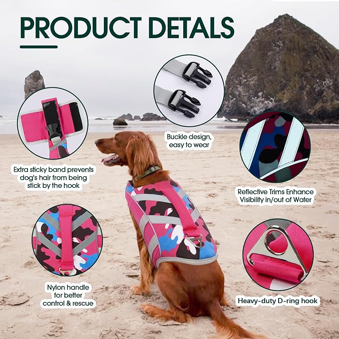 Kuoser Dog Life Jacket with Reflective Stripes, Dog Life Vest for Swimming Boating, Adjustable Pet Lifejackets with High Flotation, Doggie Swimsuit for Small Medium Large Dogs