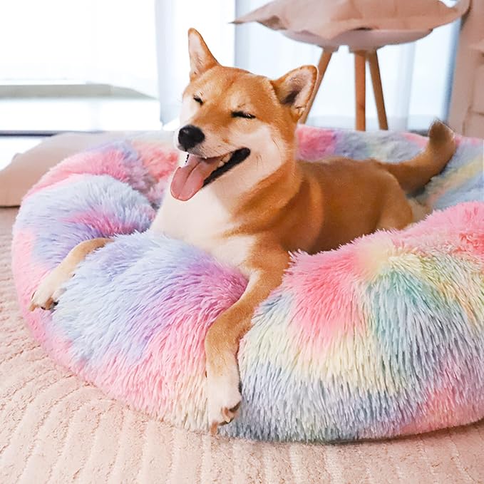 Patas Lague Calming Dog Bed for Medium Dogs, Fluffy Soft Cozy Cat Bed, Faux Fur Anti-Anxiety Plush Washable Pet Donut Cuddler for All Seasons 24IN, Mixed Rainbow