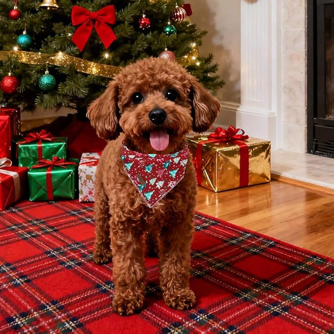 lionet paws Christmas Dog Bandana,Christmas Tree Fabric Dogs Kerchief for Medium Large Dogs,Dog Cotton Red Triangle Bibs Scarf for Girl Boy