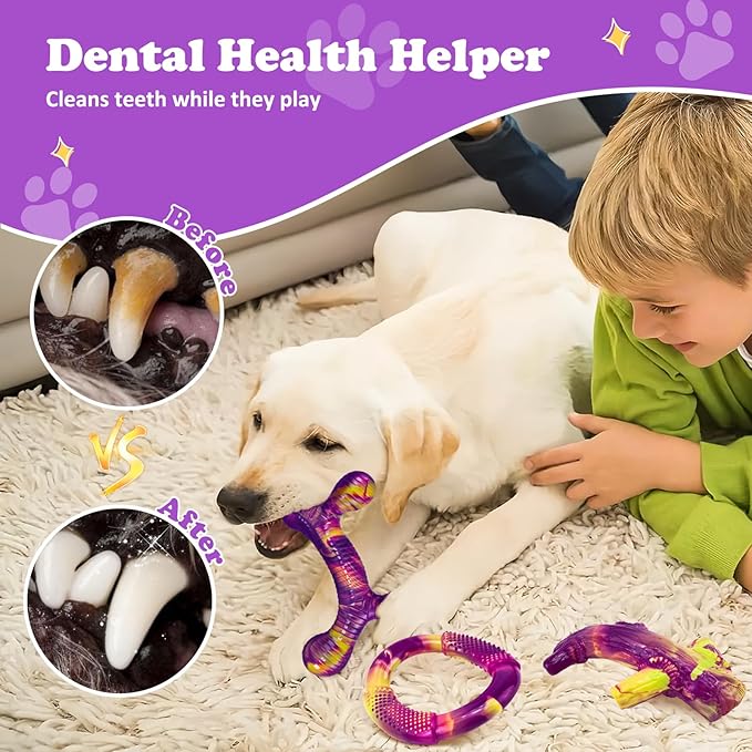 Furdog Indestructible Dog Toy 3Pack, Dog Chew Toys for Aggressive Chewers, Tough Dog Toys to Keep Them Busy for Medium Large Breed, Bacon Flavor (Purple)