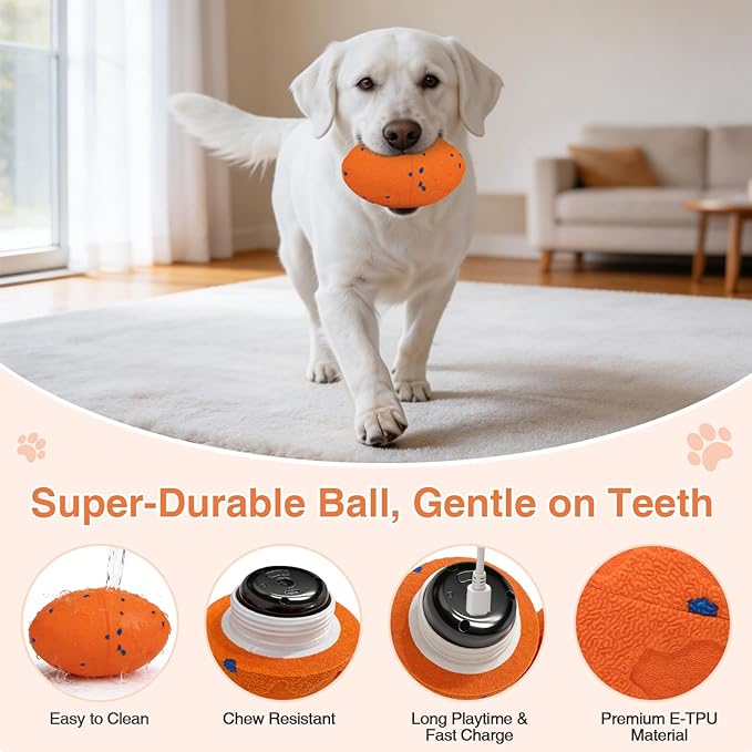 Interactive Dog Toy, Pet Ball Toys Automatic Moving Bouncing and Rotating, Solid E-TPU Material, IPX7 Waterproof Active Rolling Balls for Small, Medium and Large Dogs(Vorange)