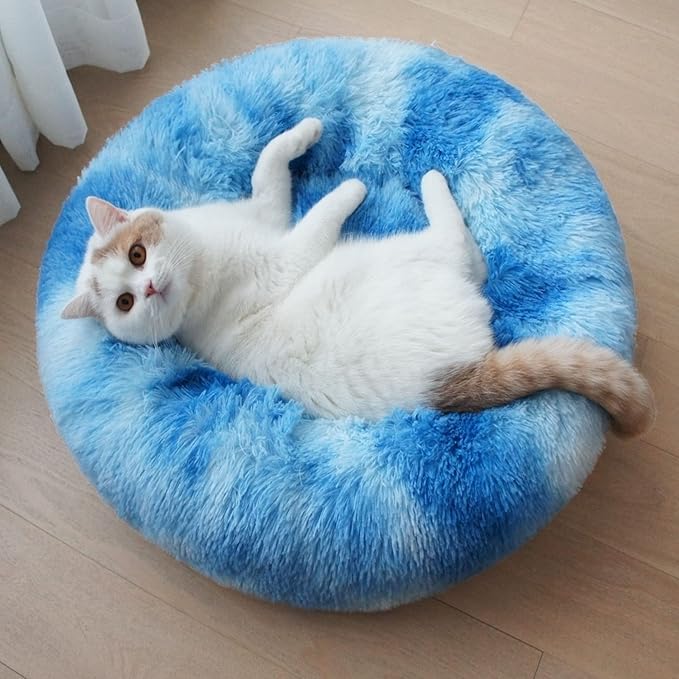 Patas Lague Calming Dog Bed for Large Dogs, Fluffy Soft Cozy Cat Bed, Faux Fur Anti-Anxiety Plush Washable Pet Donut Cuddler for All Seasons 36IN, Blue