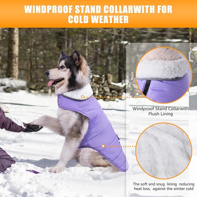 Dog Winter Jacket for Extra Large Dogs, Easy on 3XL Dog Snow Coat Velcro Waterproof Pet Puffer Clothes with Harness Hole Adjustable Reflective Quilted Pet Cold Weather Vest for Girl Female