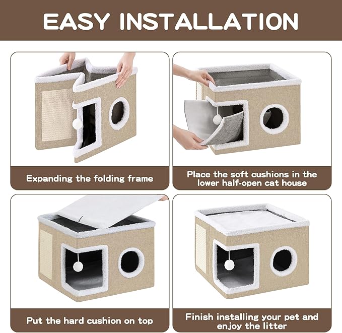 Cat Beds for Indoor Cats Houses, Large Cat Cave with Fluffy Ball and Scratch Pad, Foldable Cat House with Hideaway Tent for Kitten, 16x16x13inch, Khaki