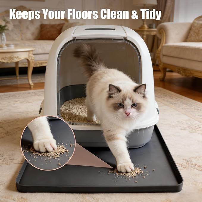 Silicone Cat Litter Mat 24x20 In Waterproof Litter Box Mat Leak-Proof Thick Under Kitty Litter Box Feeding Tray with Raised Edges for Floor Carpet, Black