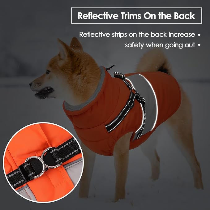 Dog Coat, XXXL Dog Jacket Winter with Harness Built in, Waterproof Pet Snow Jacket with Furry Collar for Chilly Day, Reflective Fleece Snowsuit for Extra Large Dogs, Orange 3XL