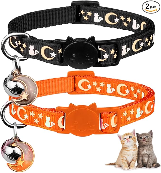 Baeuppit 2PCS Breakaway Cat Collars with Bell Cute Kitty Glow in The Dark Adjustable Kitten Collars 7.9-13.0 Inch(Orange&Black)