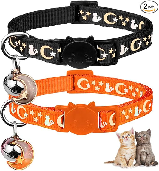 Baeuppit 2PCS Breakaway Cat Collars with Bell Cute Kitty Glow in The Dark Adjustable Kitten Collars 7.9-13.0 Inch(Orange&Black)