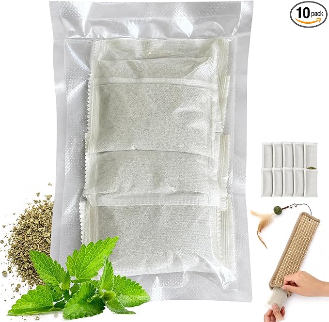 (10-Pack) Refillable Catnip Kicker Toy Kits, Natural Catnip Tea Bags for Cats, 9g Catnip Pouches, Non-Woven Mess-Free Cat Toy Refills, Additive-Free, Vacuum Sealed, Total 90g