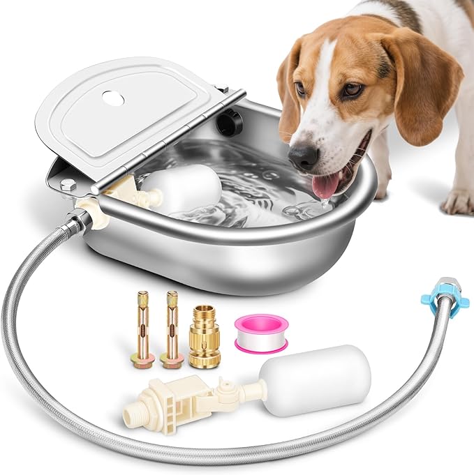 Ademon Automatic Animal Drinking Water Bowl with Float Valve, Extended Pipe, Stainless Steel Waterer Feeder Farm Dog Dispenser Kit Self Filling for Livestock Horse Goat Water Trough