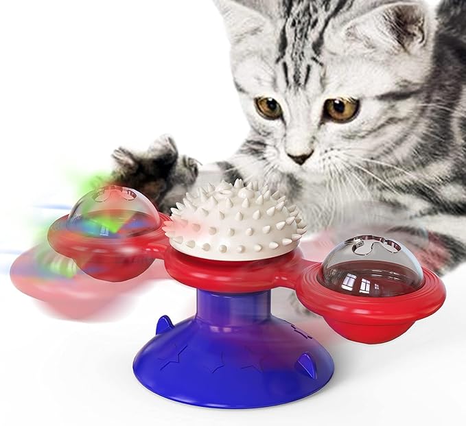 GBSYU Interactive Windmill Cat Toys with LED Light Ball Suction Cup Catnip Toy for Indoor Cat Exercise