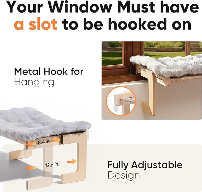 FUKUMARU 3-in-1 Cat Window Perch, Convertible Hammock for Window, Bedside and Floor, Sturdy Cat Window Bed w/Fluffy & Removable Cushion for Indoor Large Cats & Kittens, Reinforced Wood and Metal Frame
