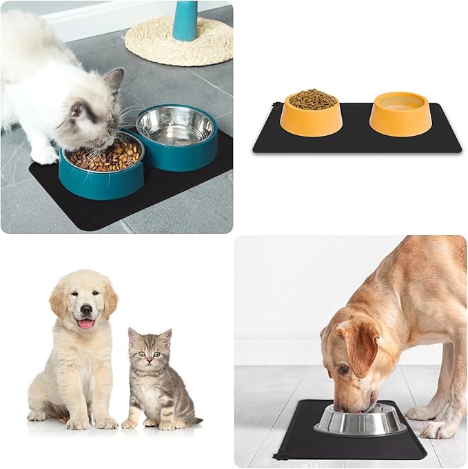 Premium Silicone Dog Food Mat,Dog Bowl mat, Pet Food pad- Anti-Slip Pet Food Mat for Dogs and Cats - Waterproof and Easy to Clean Black-19 * 12IN