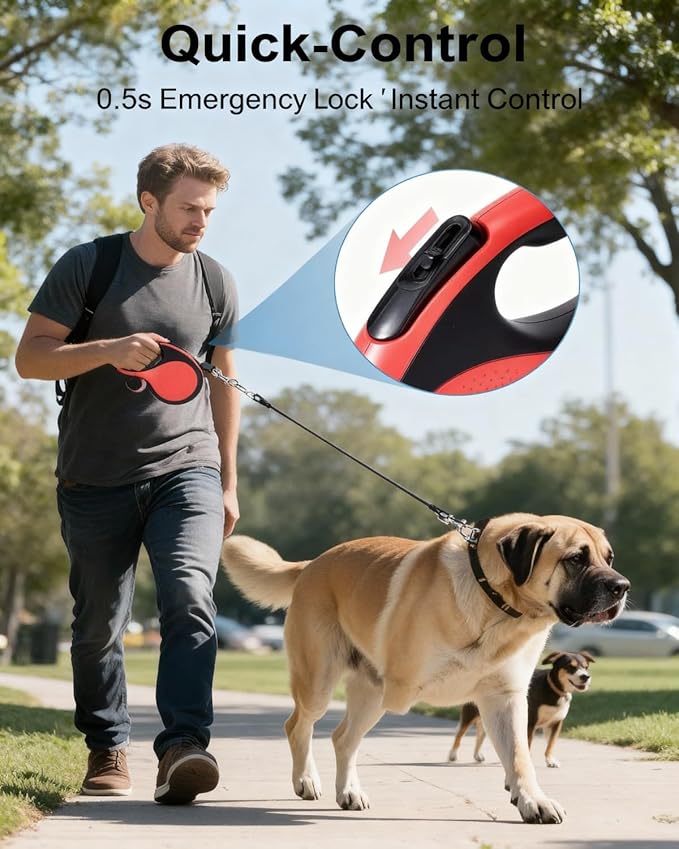 Heavy Duty Retractable Dog Leash 26 ft Tangle-Free 360° Swivel for Large Dogs up to 110 lbs with One-Button Lock (Red)