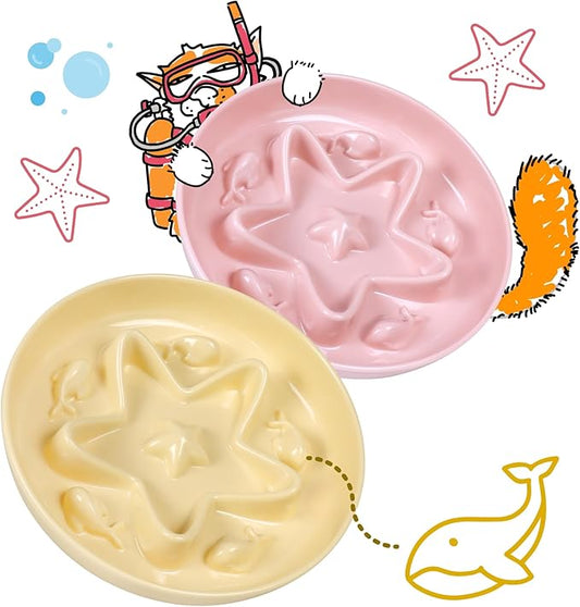 2 Pcs Cat Slow Feeder Bowl – Whisker Friendly Melamine Puzzle Feeding Cat Bowl for Slow Eating – Wet & Dry Food – Dishwasher Safe, Lightweight, Non-Slip (Buttercream + Coral Pink, 6.3'')
