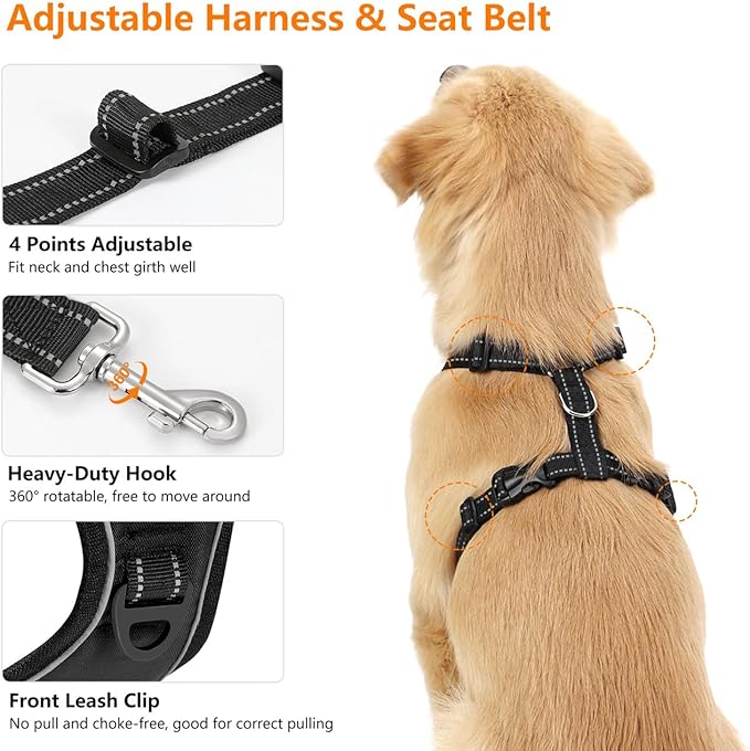 VavoPaw Dog Seat Belt Harness for Car, Adjustable Dog Car Harness Mesh Breathable & Dogs Seatbelt Safety Tether with Elastic Bungee for Small Medium Large Dogs (Carbon Black, M)