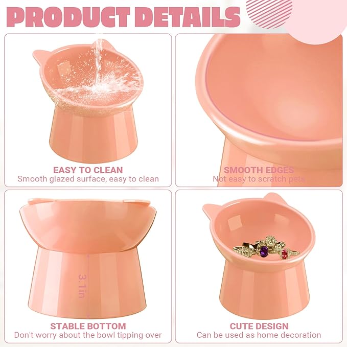 Zhehao 2 Pcs Elevated Cat Bowl Set, Tilted 15° Plastic Raised Food and Water Bowls Anti Vomit Pet Feeding Dishes for Indoor Cats/Small Dogs(Cat Ears,Peach)