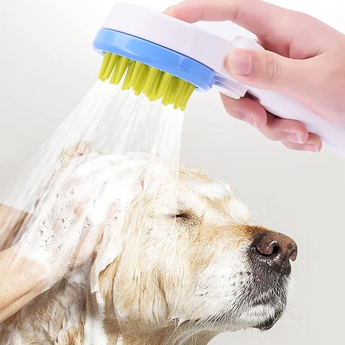 Dog Shower Sprayer 2 - in - 1 Pet Bathing Tool with Silicone Massage Brush and Hose - Gentle Hair Combing, Water Flow Control for Dogs & Cats Grooming and Bathing (Blue)