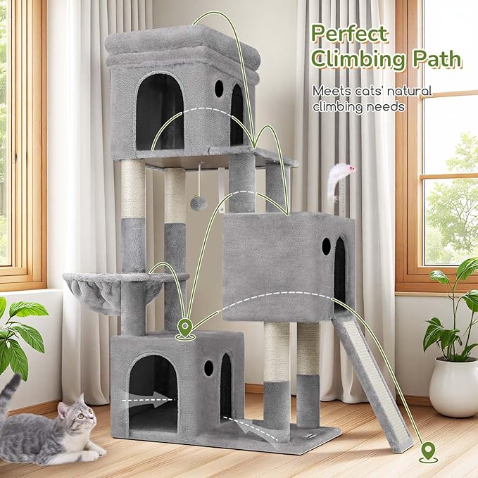 Globlazer 52in Cat Tower for Multiple Indoor Cats, Heavy Duty Multi-Level Cat Tree with 3 Cozy Condos, 4 Natural Sisal Scratching Posts and Cozy Basket Bowl, F52B, Light Grey