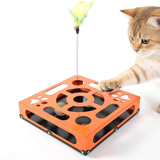 2026 New Metal Cat Scratch Puzzle Enrichment Box,cat Puzzle, 1 Spring-Loaded Colorful Feather Stick with a Bell,No Assembly Required, All Cats Indoor Play Toy