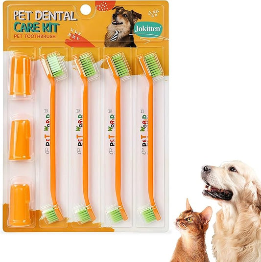 HOP 7 Pack Pet Toothbrush kit Orange 4 Angled Double-Head Dog Toothbrushes 3 Dog Finger Toothbrushes Soft Nylon Bristle Dog Toothbrush Refill Puppy Tooth Brushing Kit Pet Dental Care for Dogs and Cats