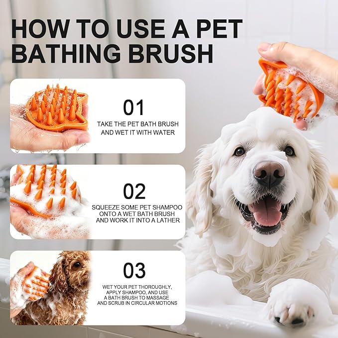 Orange Cat-Shaped Dog Shampoo Brush Dog Washing Brush Massage Bath Brush for Dogs Cats Remove Loose Hair Knots Gentle Pet Grooming Tool Deep Cleansing