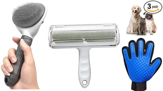 3-Pack Pet Grooming Kit for Dogs & Cats Self-Cleaning Slicker Brush, Deshedding Grooming Glove & Reusable Lint Roller Removes Loose Hair, Fur & Tangles, Easy to Clean