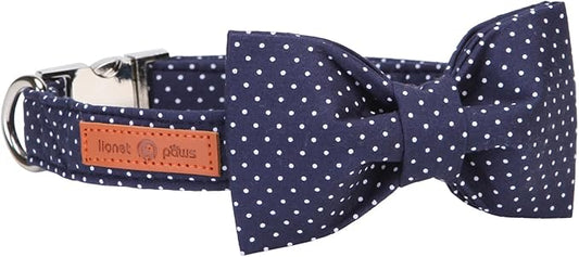 Lionet Paws Boy Dog Collar with Bowtie, Comfortable Adjustable Cute Navy Blue Bow Tie Collar for Male Dogs Gift, Medium, Neck 13.5-22 inches