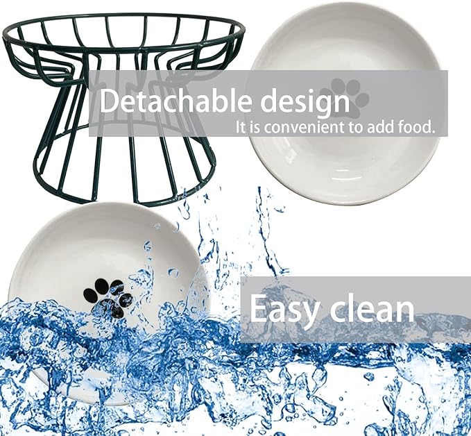 Ceramic Cat Bowls with Metal Stand,Elevated Cat Bowl Raised Kitten Food&Water Feeding Shallow Dish for Indoor Cats,Puppies,Small Dogs(Green)