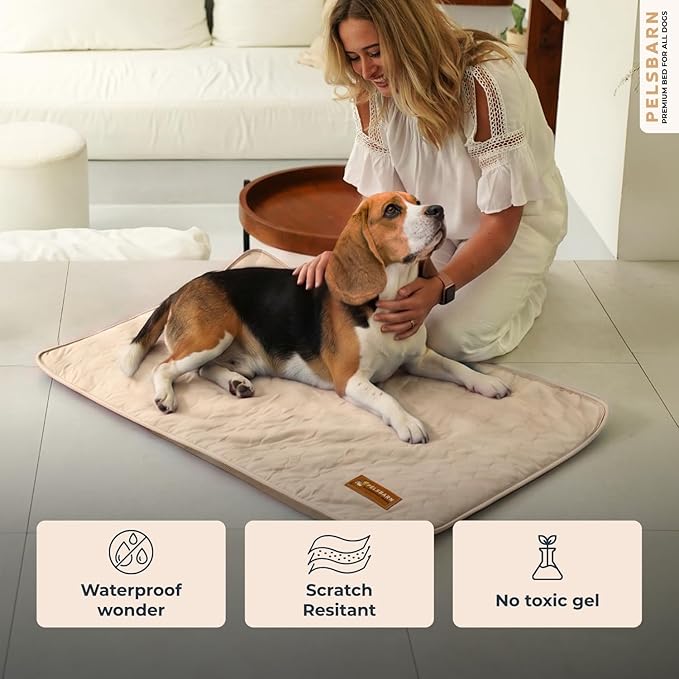Pelsbarn Dog Cooling Mat- Ice Silk Summer Comfort, Self Cooling, Non-Slip Dog Pad, Durable & Washable, Mat for Medium Dogs 19 x 25, Support Shelter Dogs with Every Purchase (Beige)