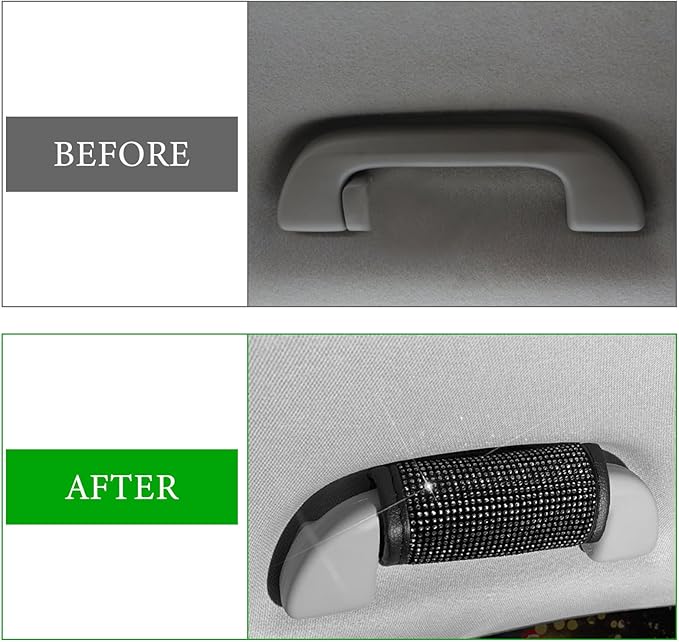 Wevdn 2 PCS Car Grab Handle Cover, Bling Rhinestone Handcraft Auto Door Handle Protector, Soft PU Leather Seat Belt Covers for Women Girls, Interior Accessories for Most Cars (Black)