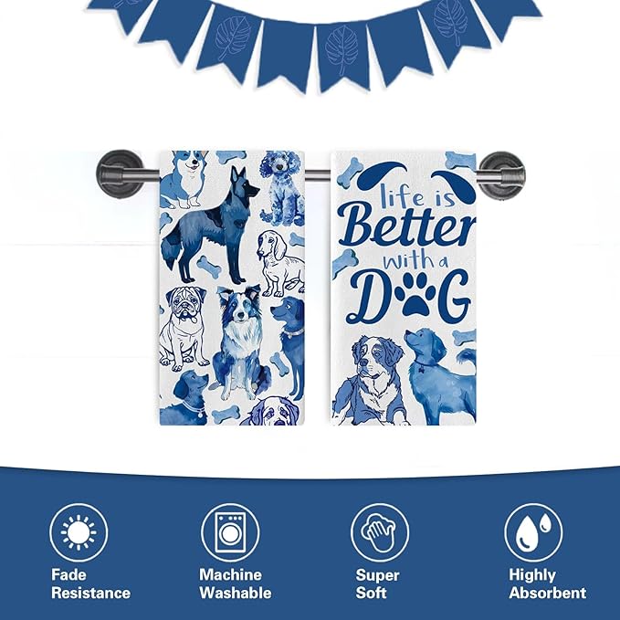 Life is Better with Dog Kitchen Dish Towels Set of 2, Blue German Shepherd Corgi Drying Hand Towel Baking Cooking Cloth, Funny Bathroom Home Decoration Pet Dog Owner Lover Gift 18'' x 26''