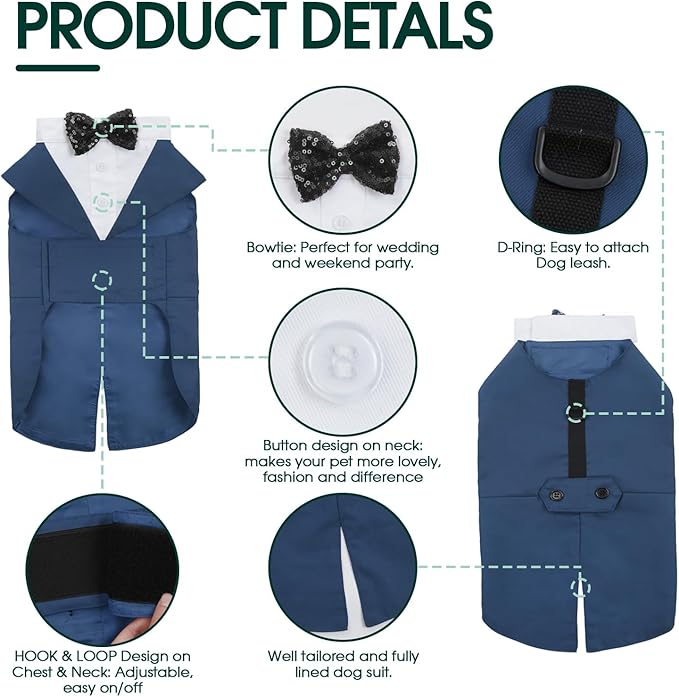 Kuoser Dog Tuxedo Dog Suit and Bandana Set, Dogs Tuxedo Wedding Party Suit, Dog Prince Wedding Bow Tie Shirt Formal Dog Wedding Attire for Large and Medium Dogs Golden Retriever Samo Bulldogs