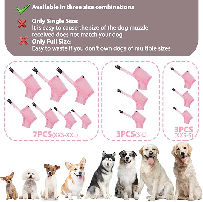 LUCKYPAW Dog Muzzle Suits for Small Medium Large Dogs, Mesh Muzzle Anti Biting Chewing, Breathable Mouth Cover Set with Adjustable Strap for Grooming Vet Visiting Training (Small 3 PCS(XXS-S), Pink)