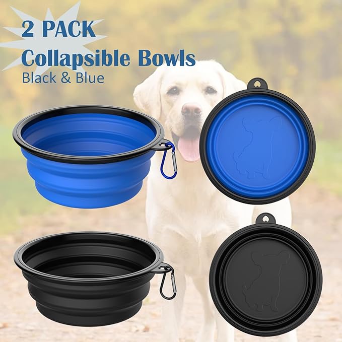 Collapsible Dog Bowls [2 Pack] 20 oz, Travel Dog Bowls, Pet Bowl Portable Foldable Water Food Feeding Dishes with Carabiner Clip for Traveling Hiking Walking-Black & Blue