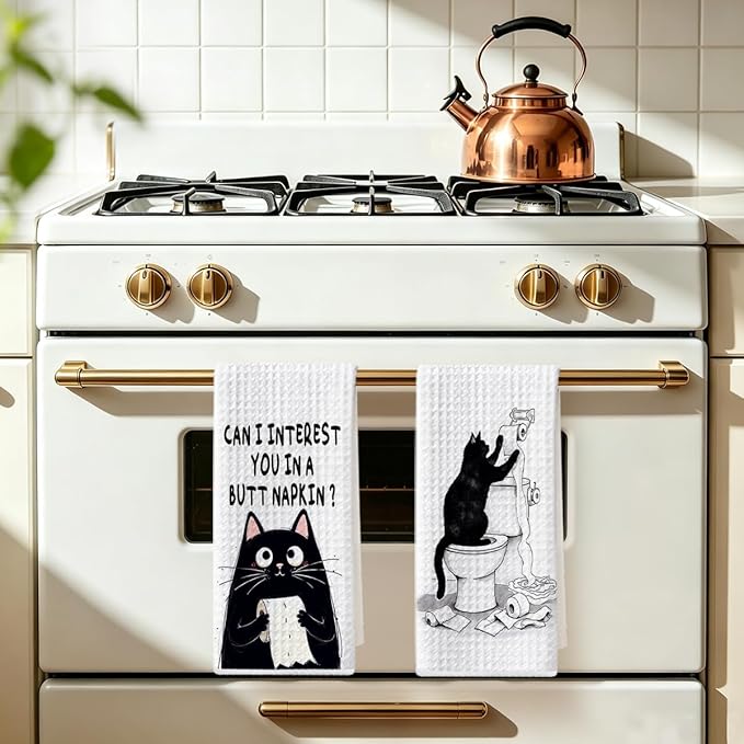 Hanamiya Na 2Pcs Funny cat Hand Towel for Bathroom 24x14 Inch, Funny Absorbent Microfiber Dish Cloth Bathroom Towel, Waffle Weave Hand Towels for Toilet Home, Cat Lover Gifts