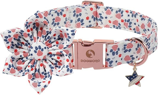 4th of July American Flag Dog Collar, DOGWONG Red Blue Flower Dog Collar with Metal Adjustable Buckle,Soft and Comfortable Independence Day Dog Collars for Large Dogs,L