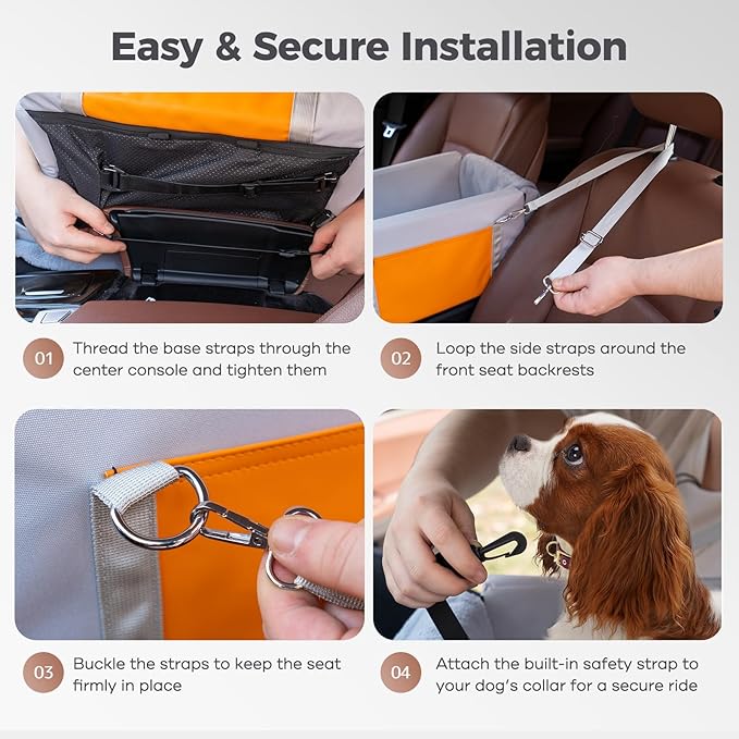 Avont Center Console Dog Car Seat with Double Protection Seat Belts, Armrest Middle Console Booster Travel Carrier for Small Dogs Cats with Storage Pockets, Well-cushioned, Anti-anxiety -Light Grey