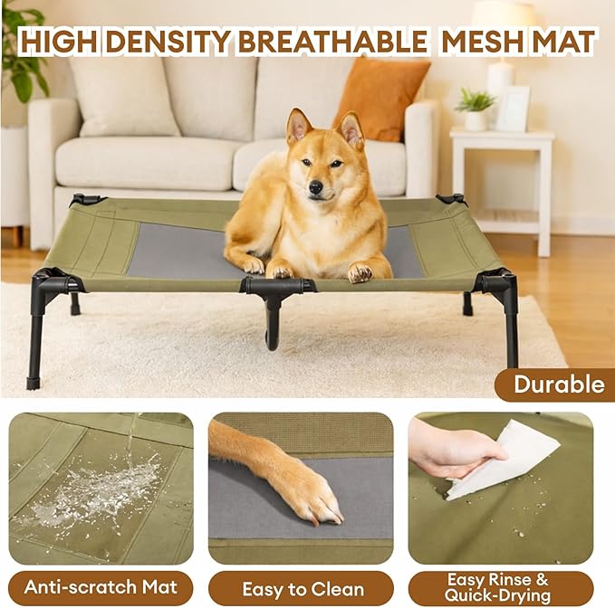 FUNNY FUZZY Elevated Dog Bed with Canopy for Large Dogs up to 120 lbs– Raised Dog Cot Bed with UV Shade,Waterproof,Breathable Mesh,Outdoor & Indoor Use,Portable,Green(36"×30"×7")