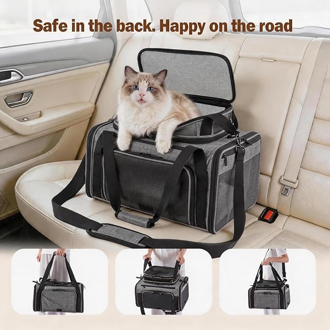 Cat Carrier Soft Sided, Expandable Pet Carrier for Medium Small Pets, Collapsible Travel Carrier with Hard Shell, 360° Panoramic Mesh, Washable Waterproof Pad | – 17.3×13.8×9.4 (Gray)
