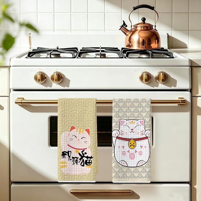 2 Pcs Japanese Lucky Cat Kitchen Towels 24x14 Inch, Maneki Neko Gifts Reusable Dish Towels for Kitchen Bathroom Decor, Waffle Weave Hand Cloth Tea Towel, Cute Cat Lover Gifts for Women Mom Friend