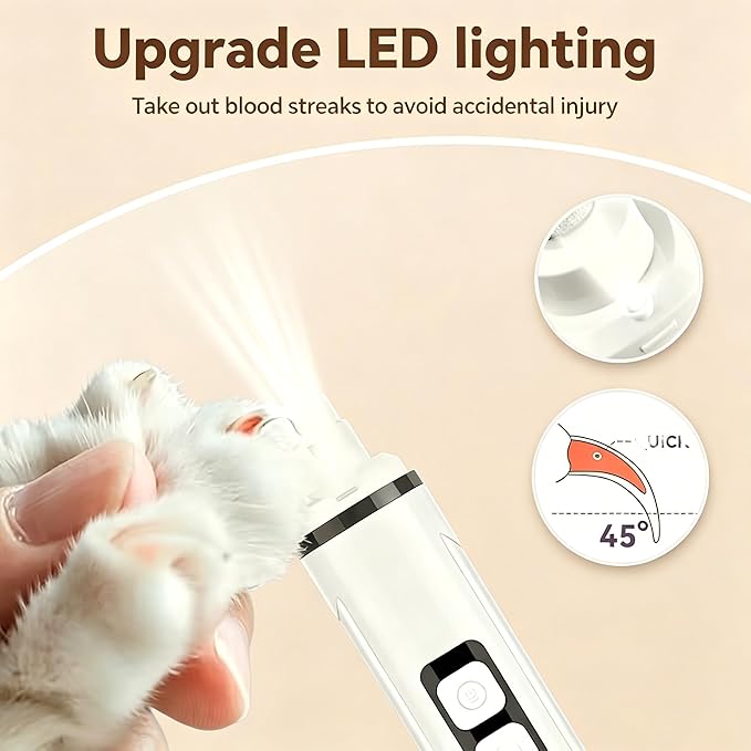 Dog Nail Grinder Quiet- 3-Speed Dog & Cat Nail Grinder with LED Light & Battery Display & Upgrade Grinding Head - Painless Nail Trimmer for Small to Large Pets, Thick Nails, and Sensitive Paws