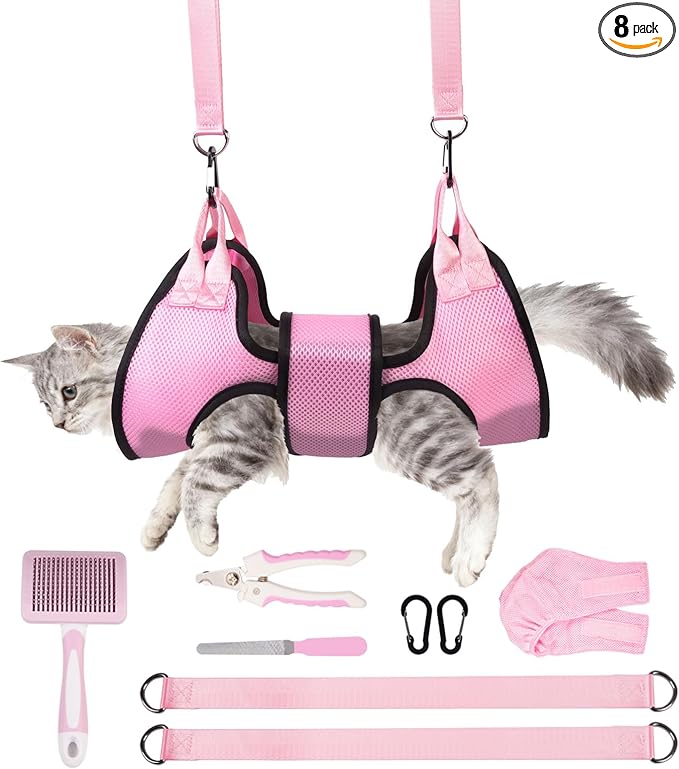 Dog Grooming Hammock, Cat/Small Dog Hammock for Nail Trim, Hanging Harness for Claw Care,Grooming Sling Holder Hanger with Thick Fabric Neck Support Wide Strap Restraint(Pink,xs)