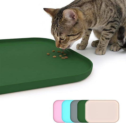 BLESWIN Non-Slip Silicone Dog Food Mat for Food and Water, 18" x 12" Raised Edge Pet Feeding Mat - Waterproof Dog Bowl Mat Easy Clean for Floor Protector,Dark Green