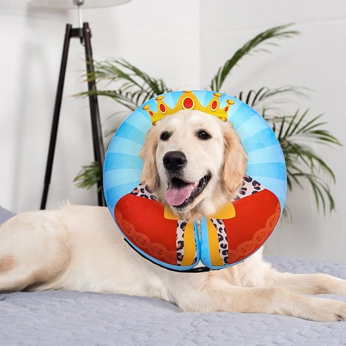 SCENEREAL Dog Cone Alternative After Surgery Donut Collar, Soft Pet Recovery Pillow Collar for Medium Large Dogs, Inflatable Adjustable Neck Collars to Prevent Licking, King Print E-Collars L