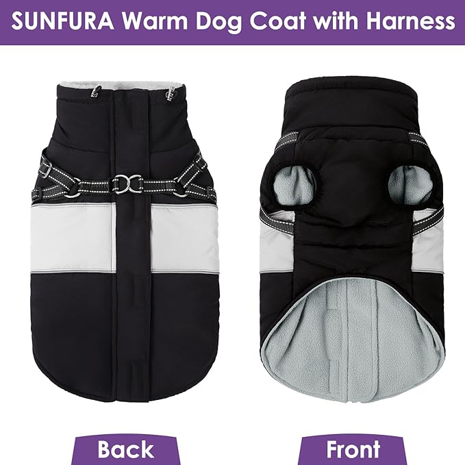 Dog Jacket, Large Dog Coat with Harness Built in, Warm Pet Winter Jacket Zippered Snow Coat with Furry Collar, Waterproof Fleece Snowsuit for French Bulldog, Black L
